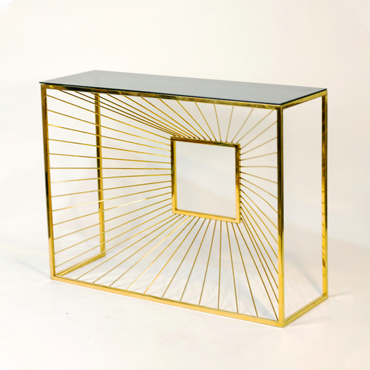 Radiant Axis Console – PVD Stainless Frame & Marble/Glass Top
