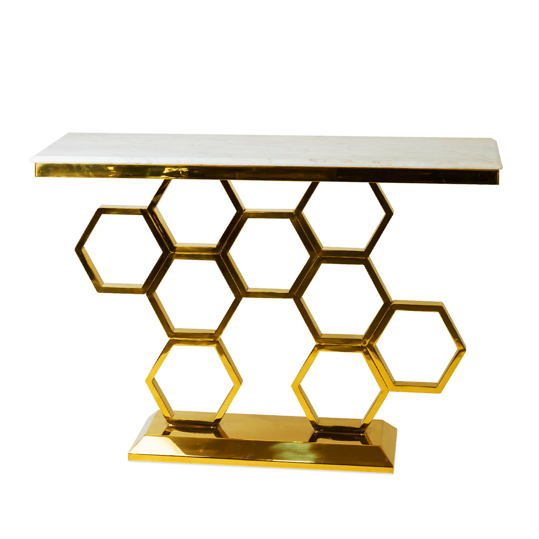 <img src="bee-pattern-console.jpg" alt="كونسول هندسي من الستانلس ستيل بتصميم خلية نحل – console table – modern – bold design – أثاث فاخر">