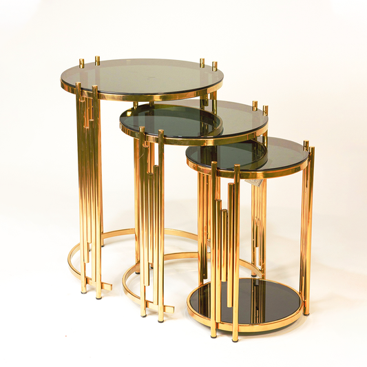 Opulent Pillar Table Set – Gold PVD Frames & Smoked Glass Tops