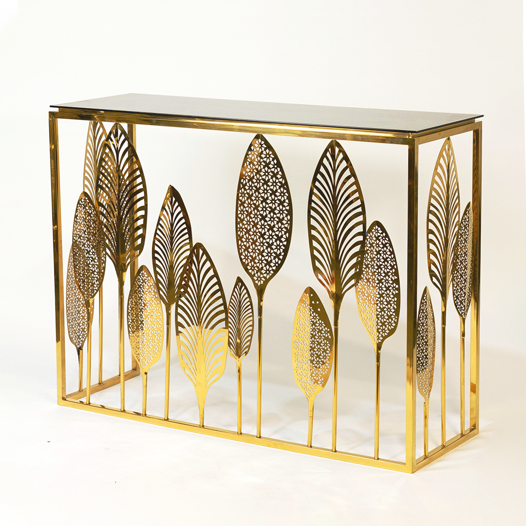 Gilded Leaf Console – Gold PVD Frame with Marble/Glass Top