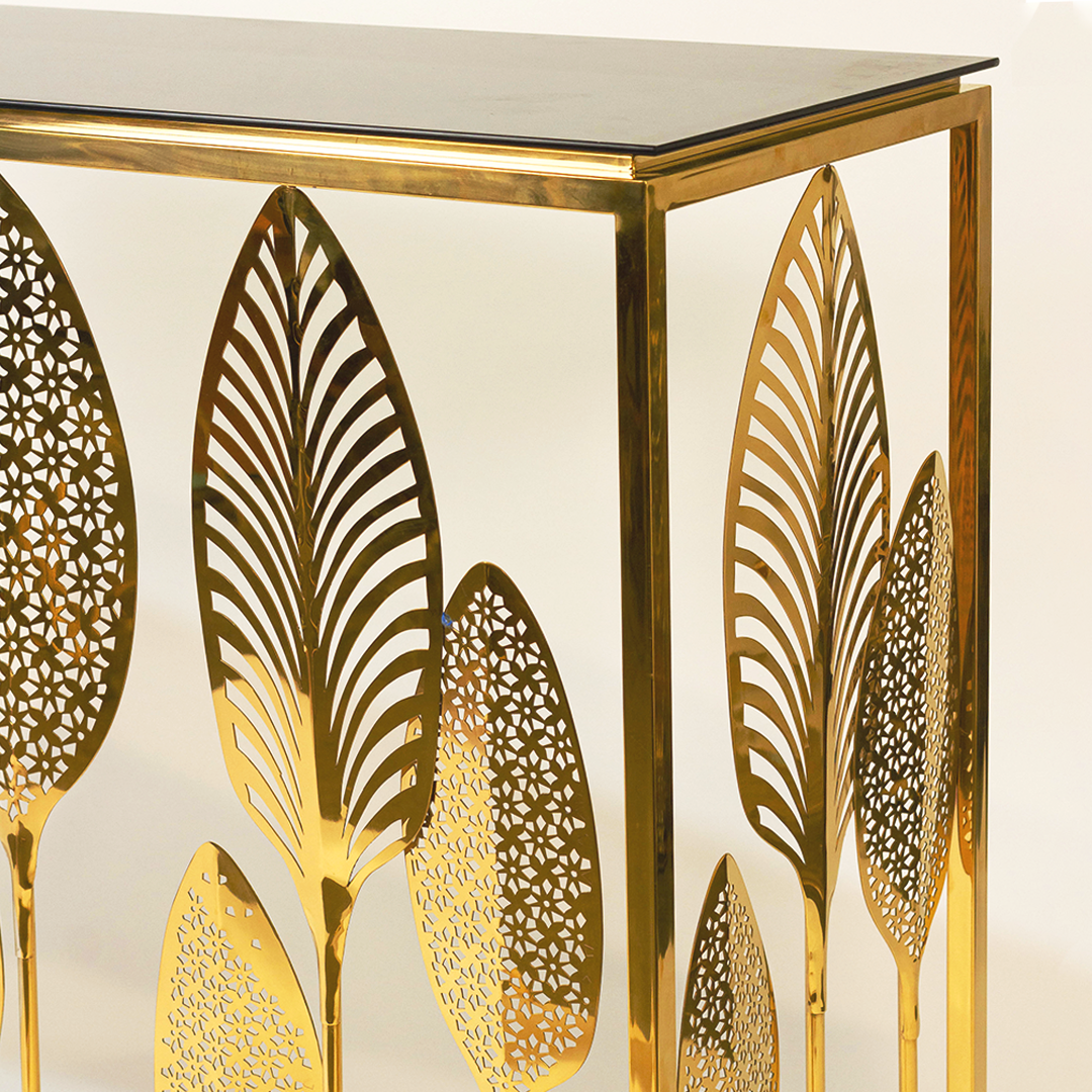 Gilded Leaf Console – Tempered Glass Top Detail