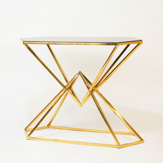 Golden Apex Console – Inverted Pyramid Gold PVD Frame & Marble/Glass Top